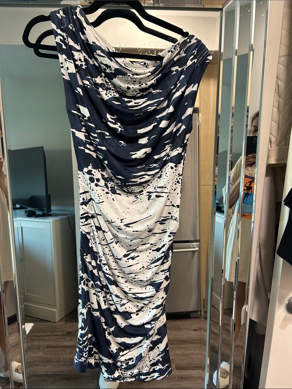 Escada Navy and White Draped Cowl-Neck Maxi Dress